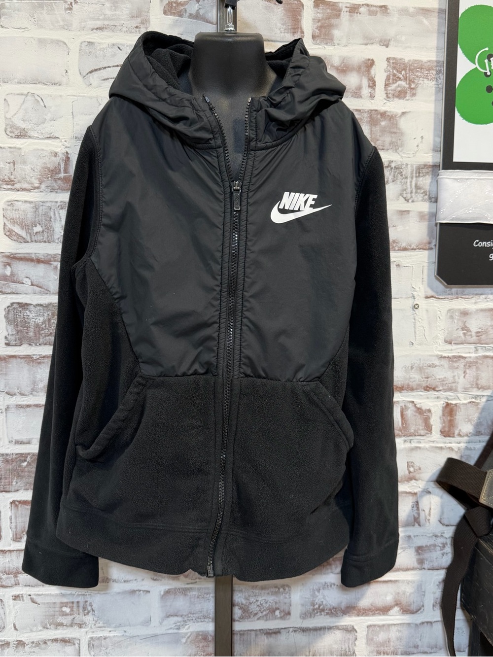 Nike Kids Black Hooded Puffer Jacket with Fleece Panels
